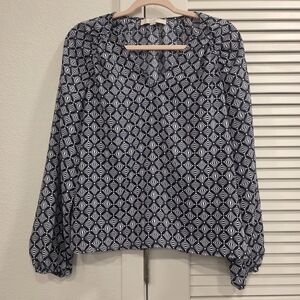 LOFT Split Neck Long Sleeve Geometric Blouse
